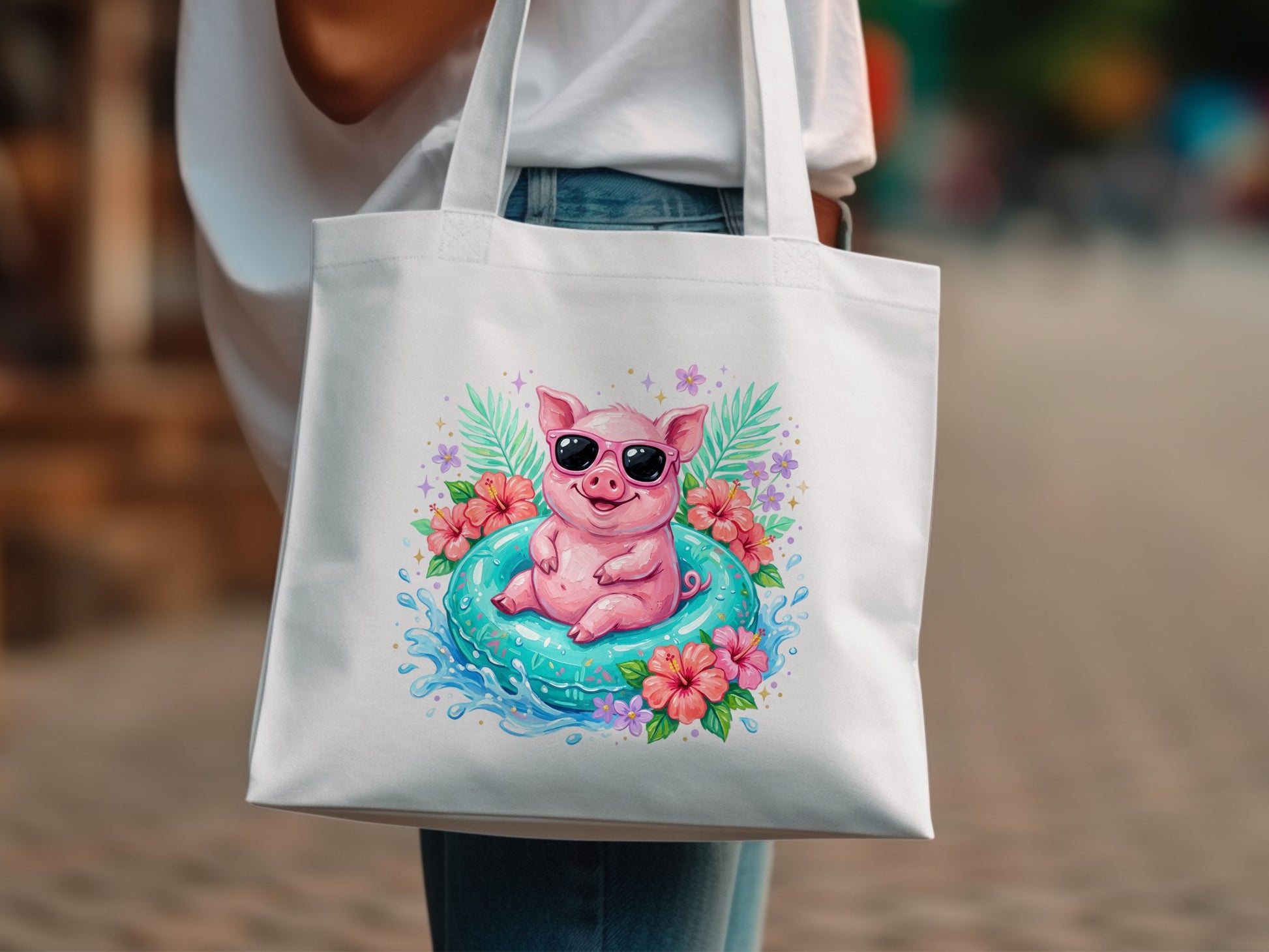 White tote bag with a cartoon pig in sunglasses on an inner tube.