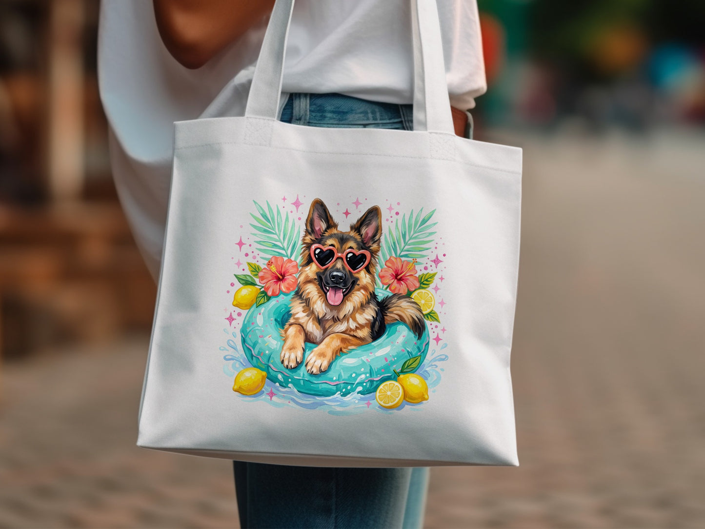 German Shepherd dog wearing heart sunglasses in a pool float, with lemons and palm leaves.