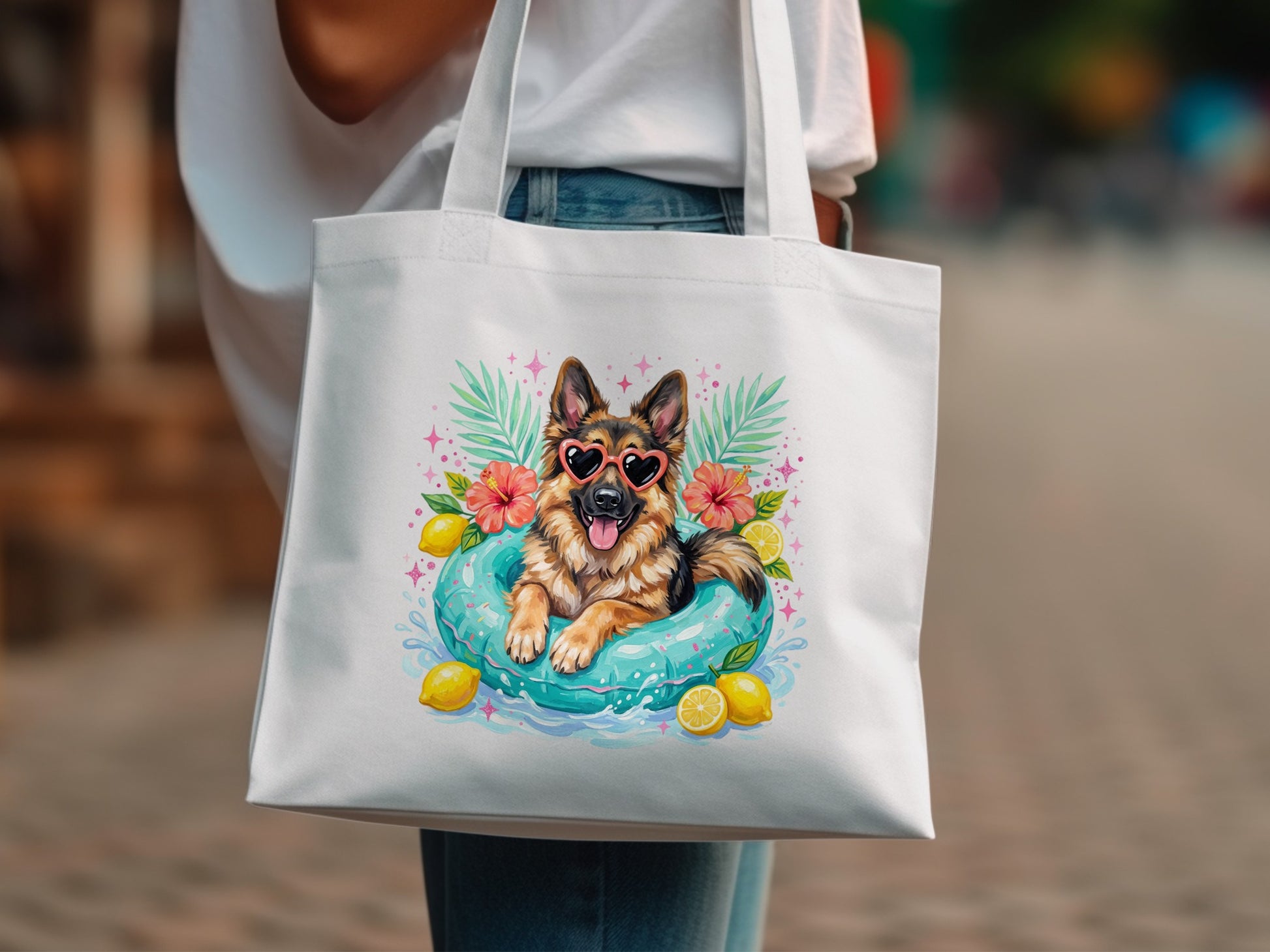 German Shepherd dog wearing heart sunglasses in a pool float, with lemons and palm leaves.