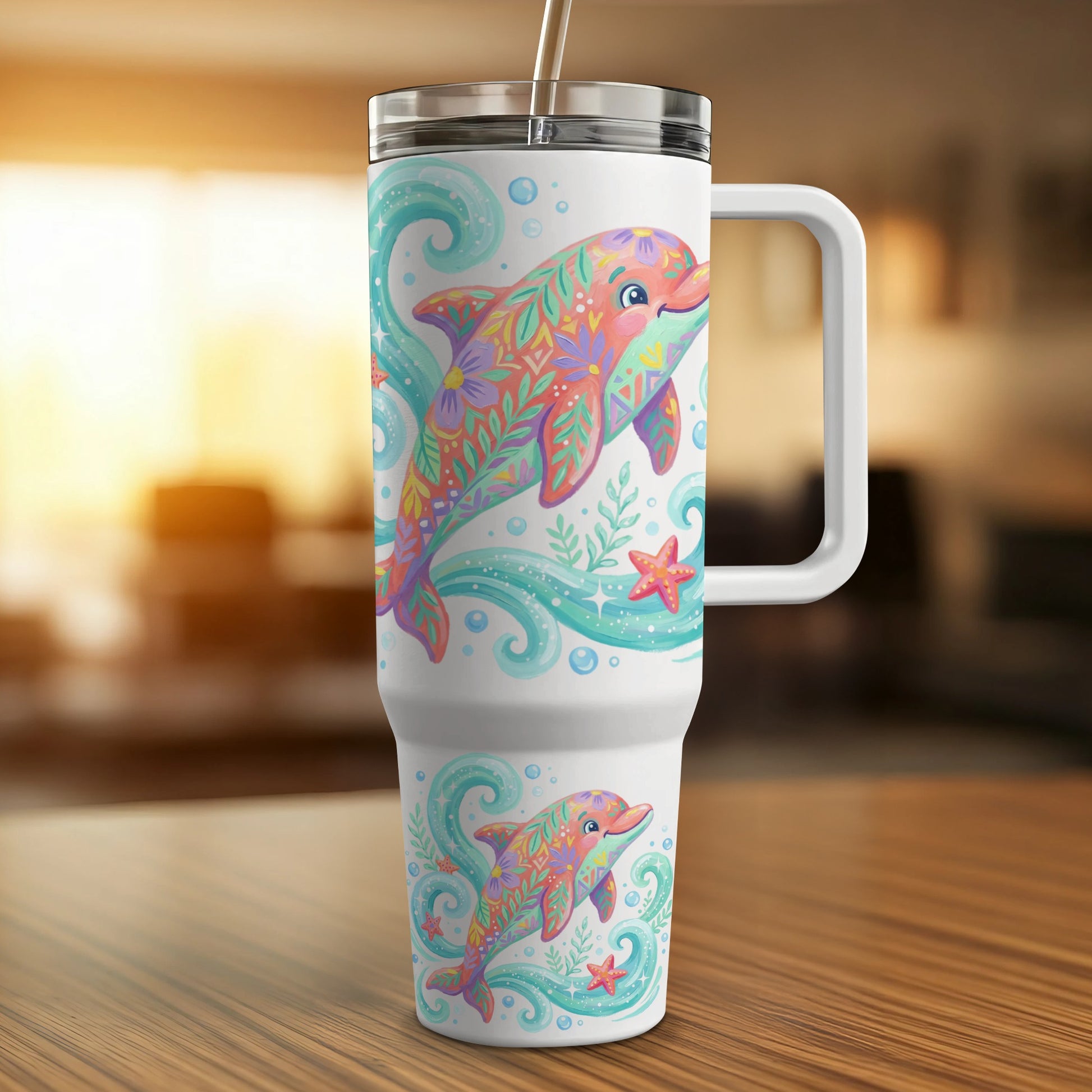 Colorful floral dolphin tumbler with straw on wooden surface.