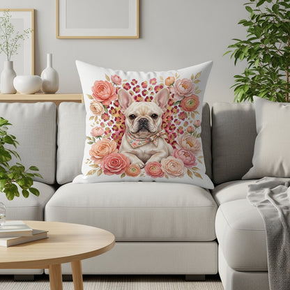 French bulldog wearing a bandana on a pillow surrounded by pink flowers.