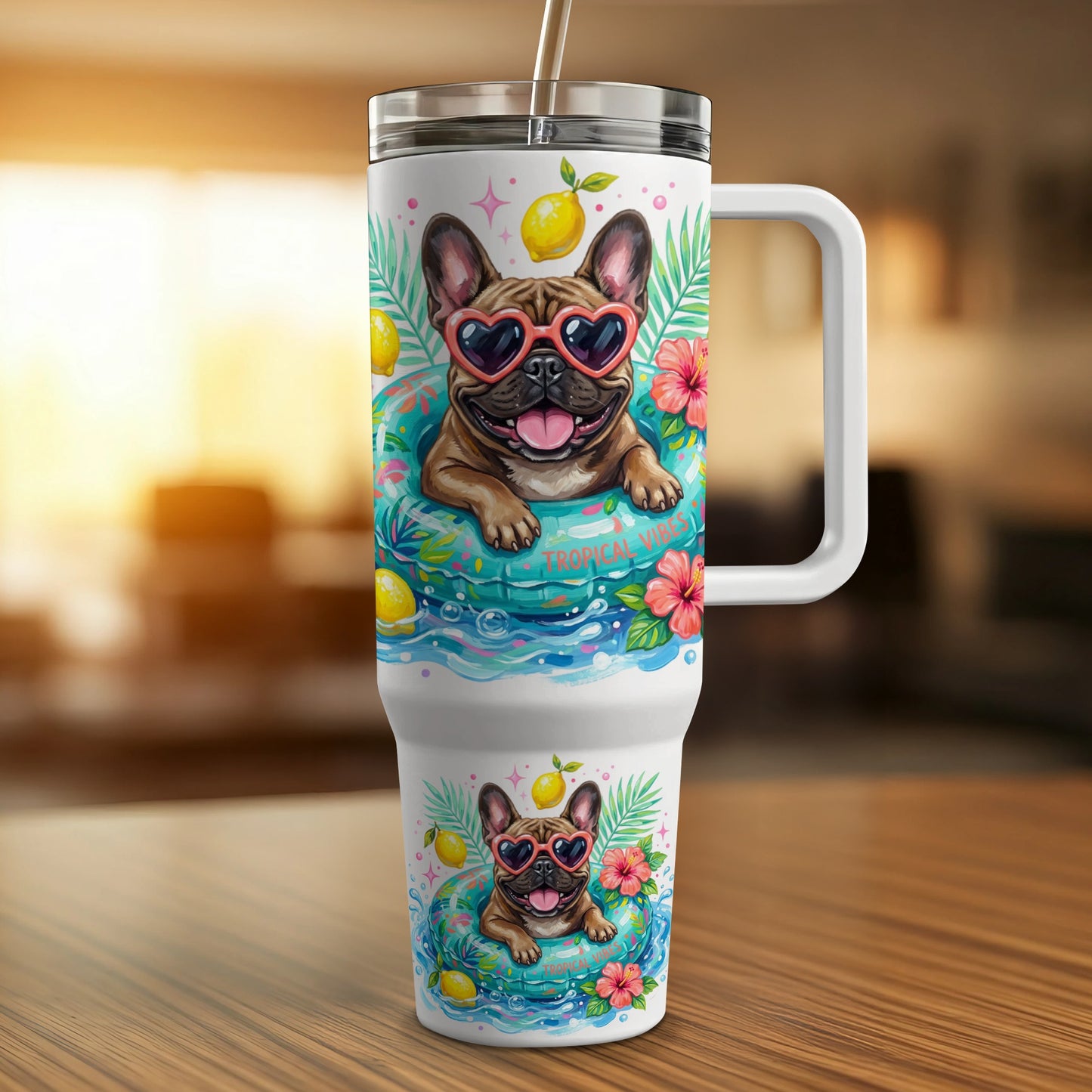 French bulldog wearing sunglasses in a pool float on a travel tumbler.