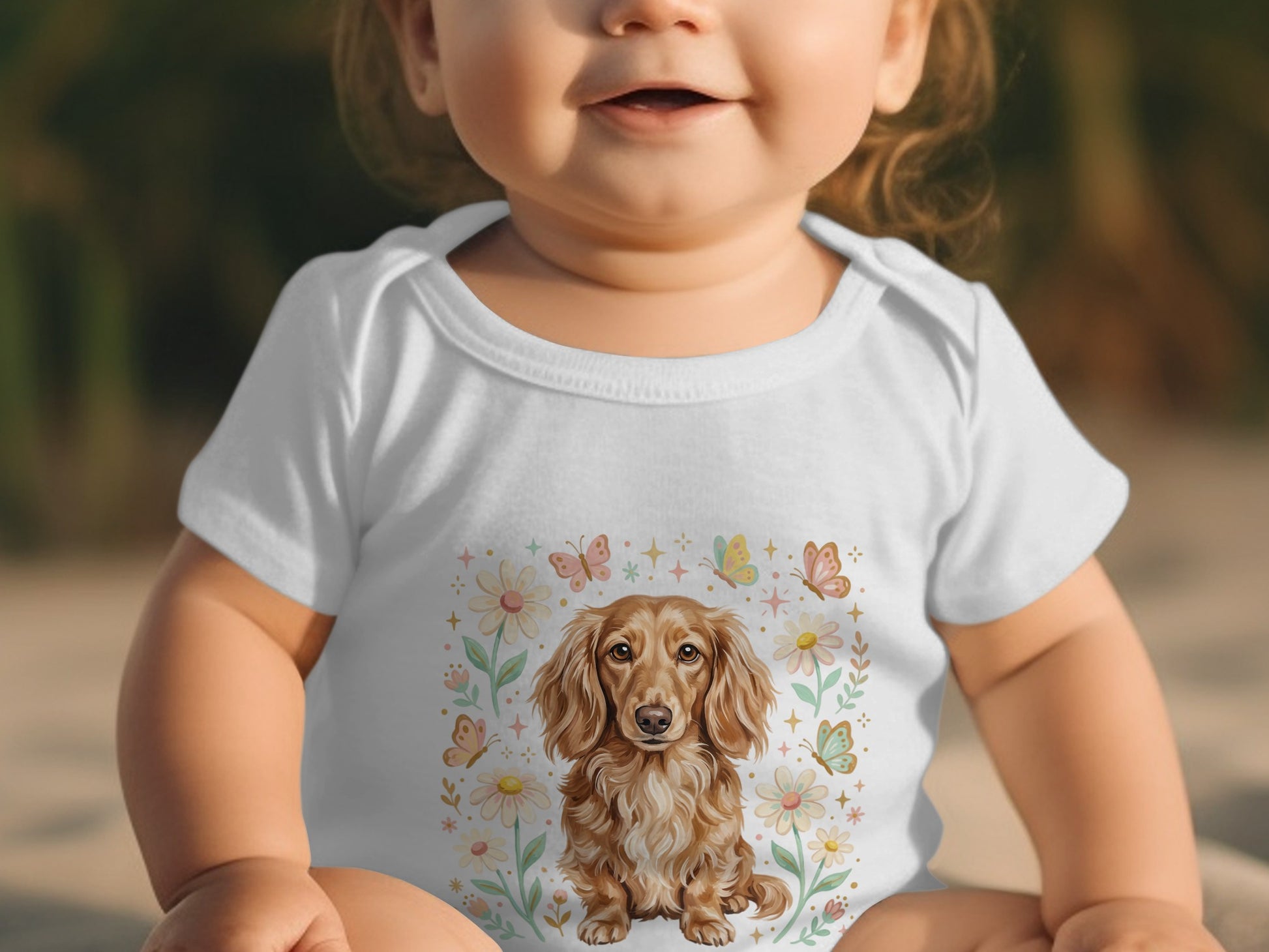Baby wearing a white onesie with a dachshund and butterflies illustration.