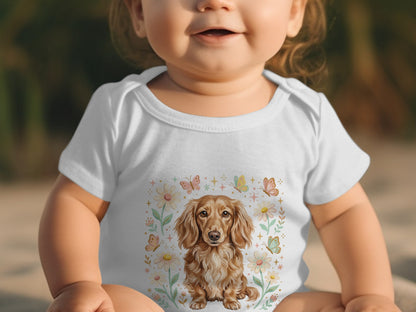 Baby wearing a white onesie with a dachshund and butterflies illustration.