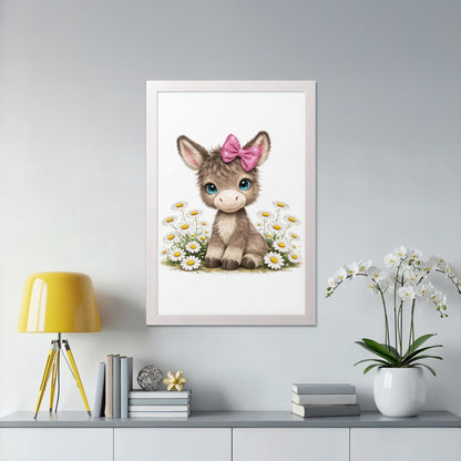 Cute cartoon donkey with pink bow sits among daisies.