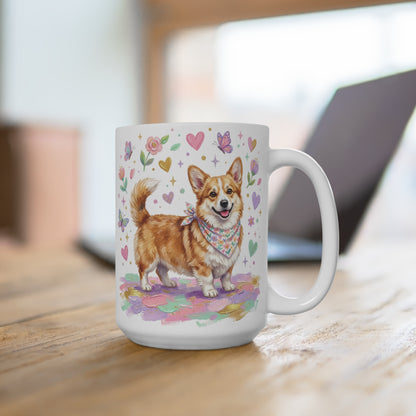 Corgi with bandana on mug, surrounded by colorful hearts and butterflies.