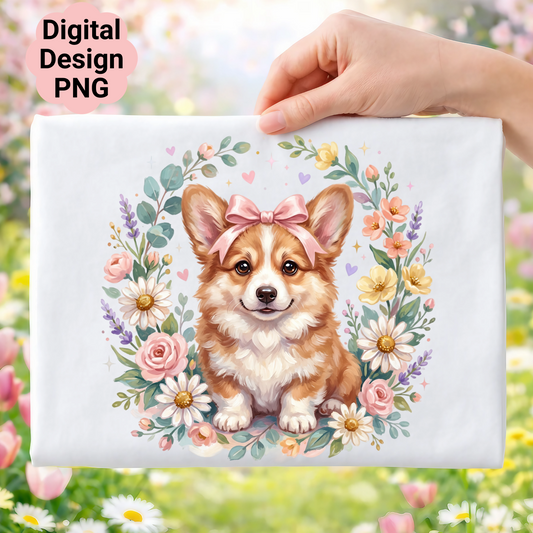 Corgi puppy with bow in floral wreath on white background.