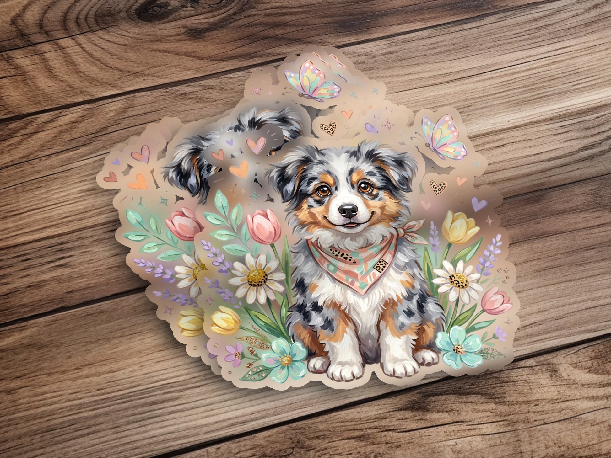 Australian Shepherd puppy with floral border and butterflies.