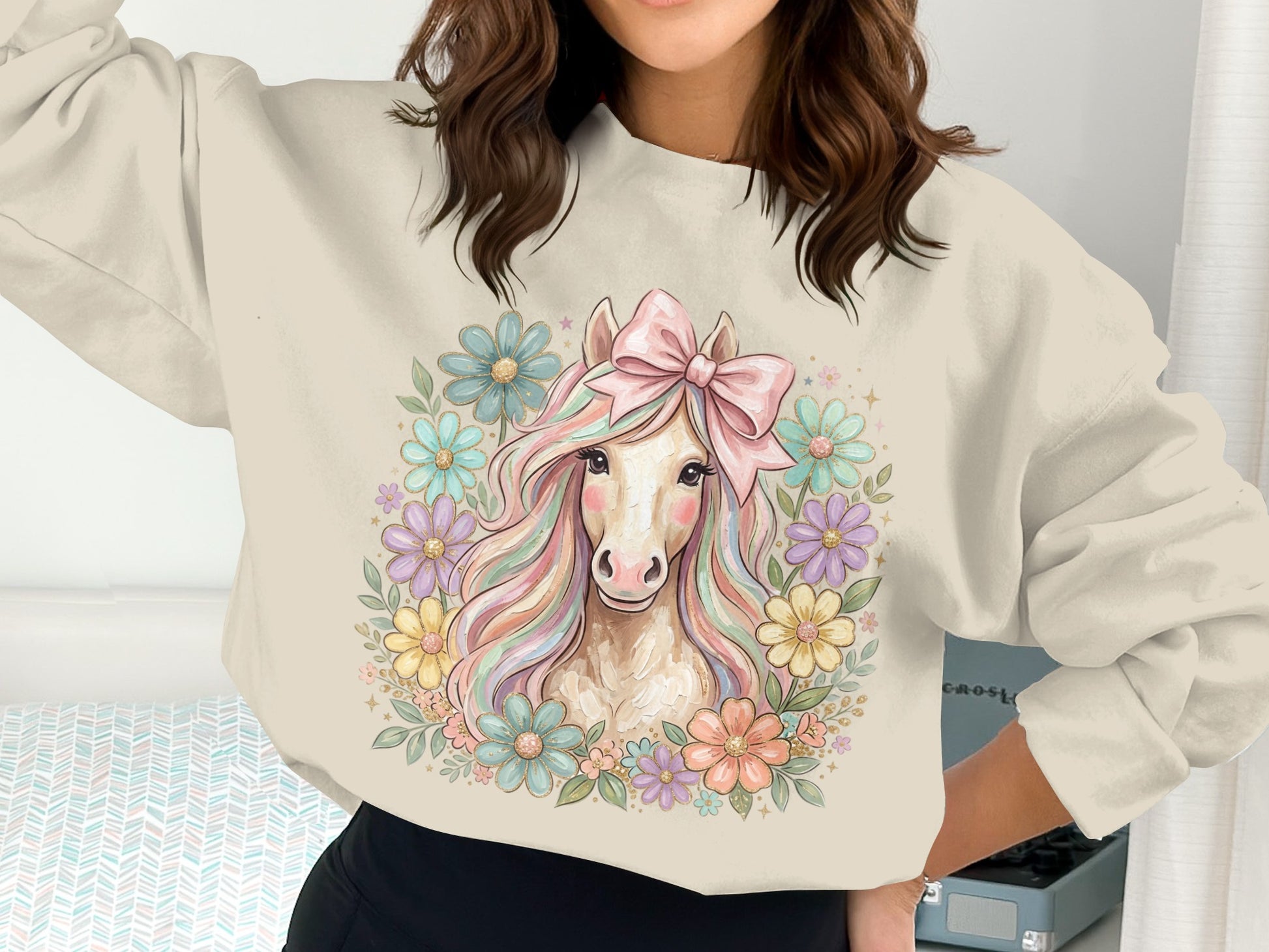 Crewneck sweatshirt with pastel horse, rainbow mane, and floral border.