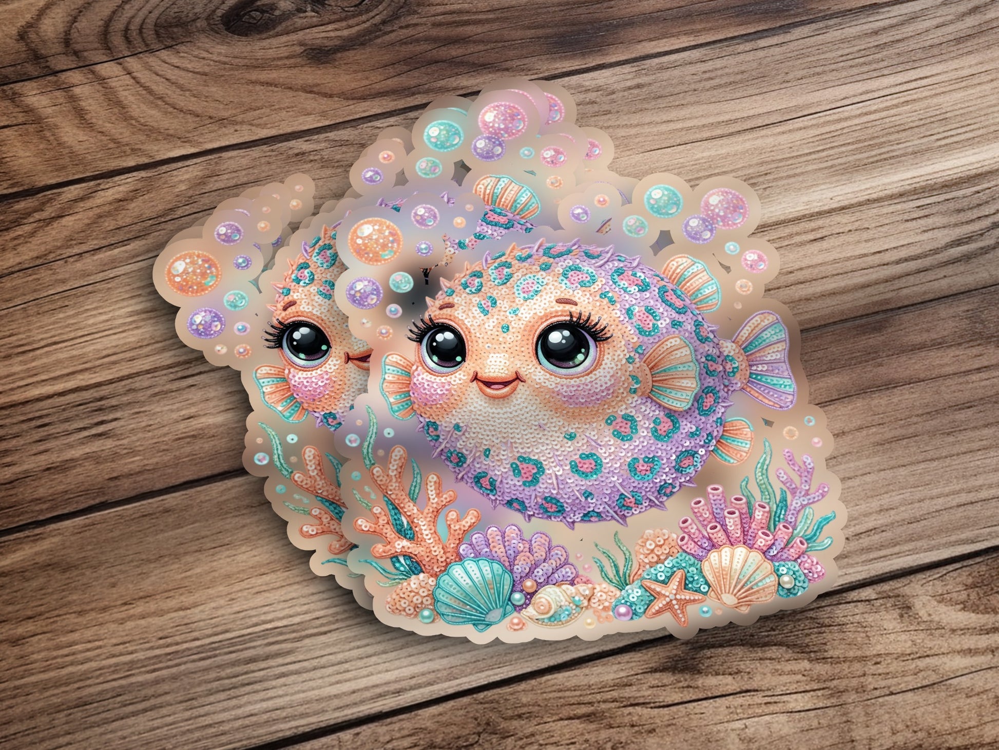 Pufferfish sticker with coral, shells, and bubbles on wood grain background.