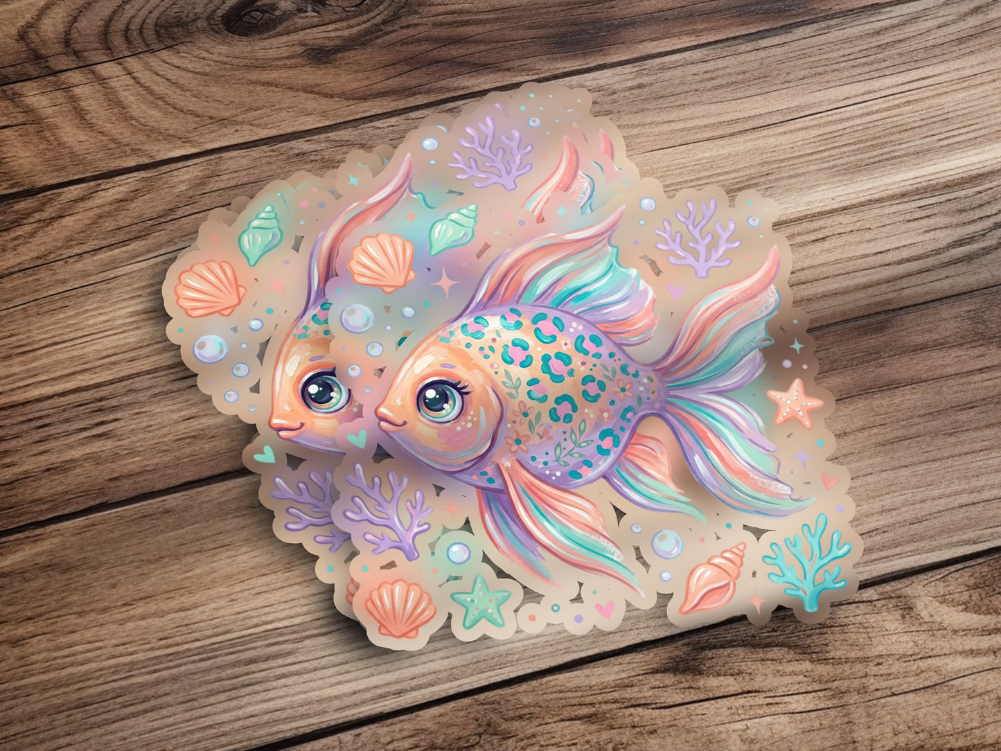 Two decorative fish with shells and coral on a wooden background.