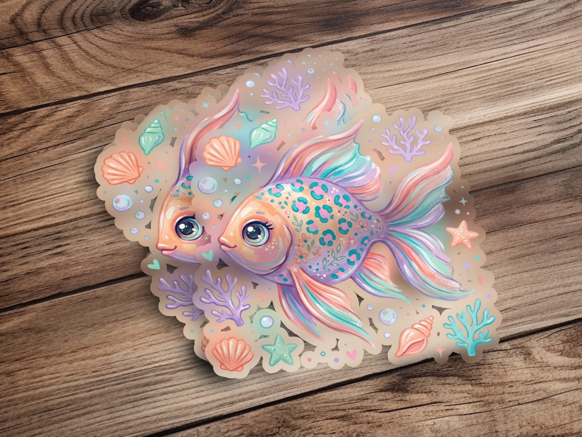 Two decorative fish with shells and coral on a wooden background.