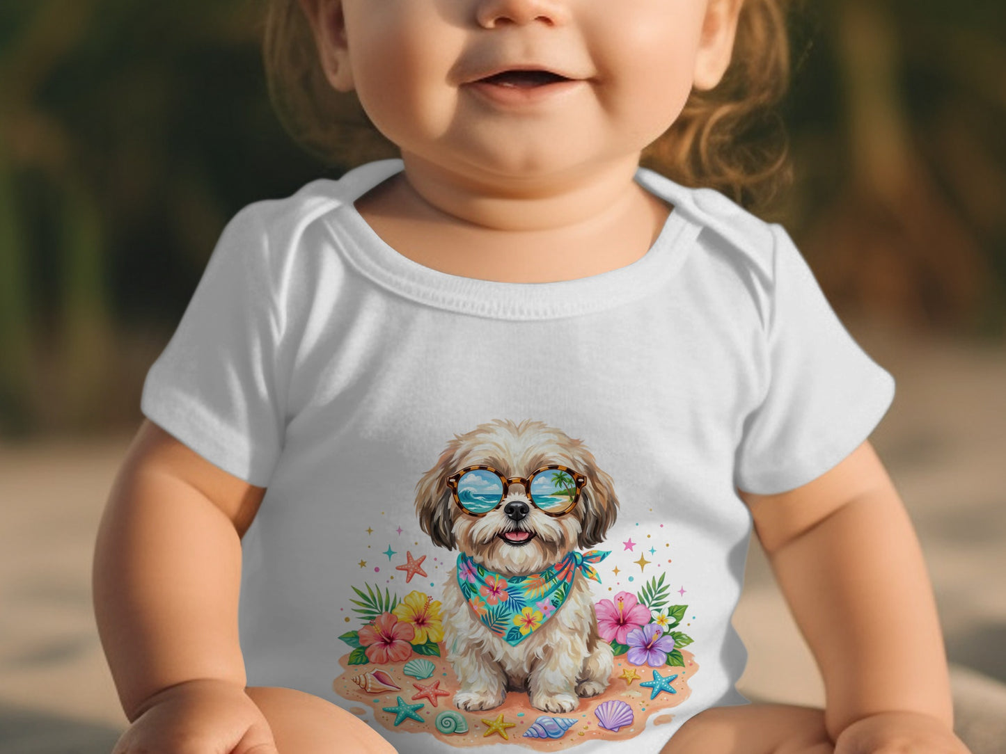 Baby wearing white onesie with cartoon dog and tropical flowers.