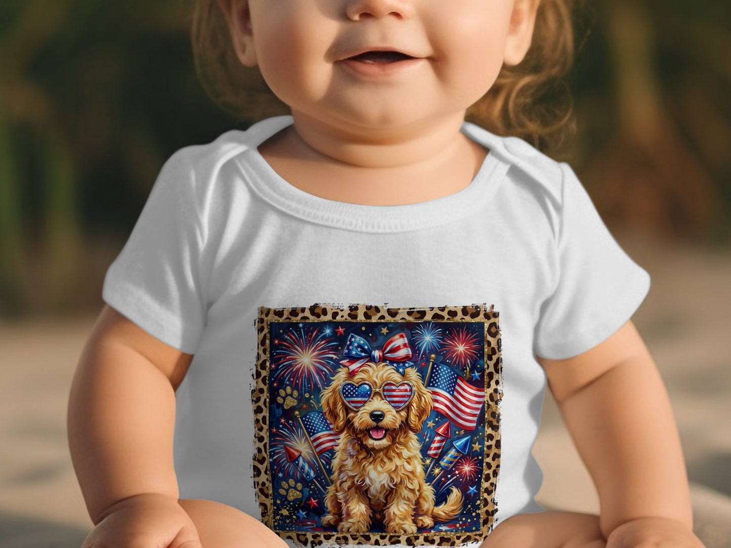Baby wearing white bodysuit with patriotic dog graphic and fireworks.