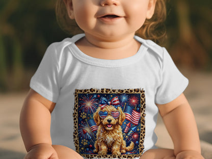 Baby wearing white bodysuit with patriotic dog graphic and fireworks.