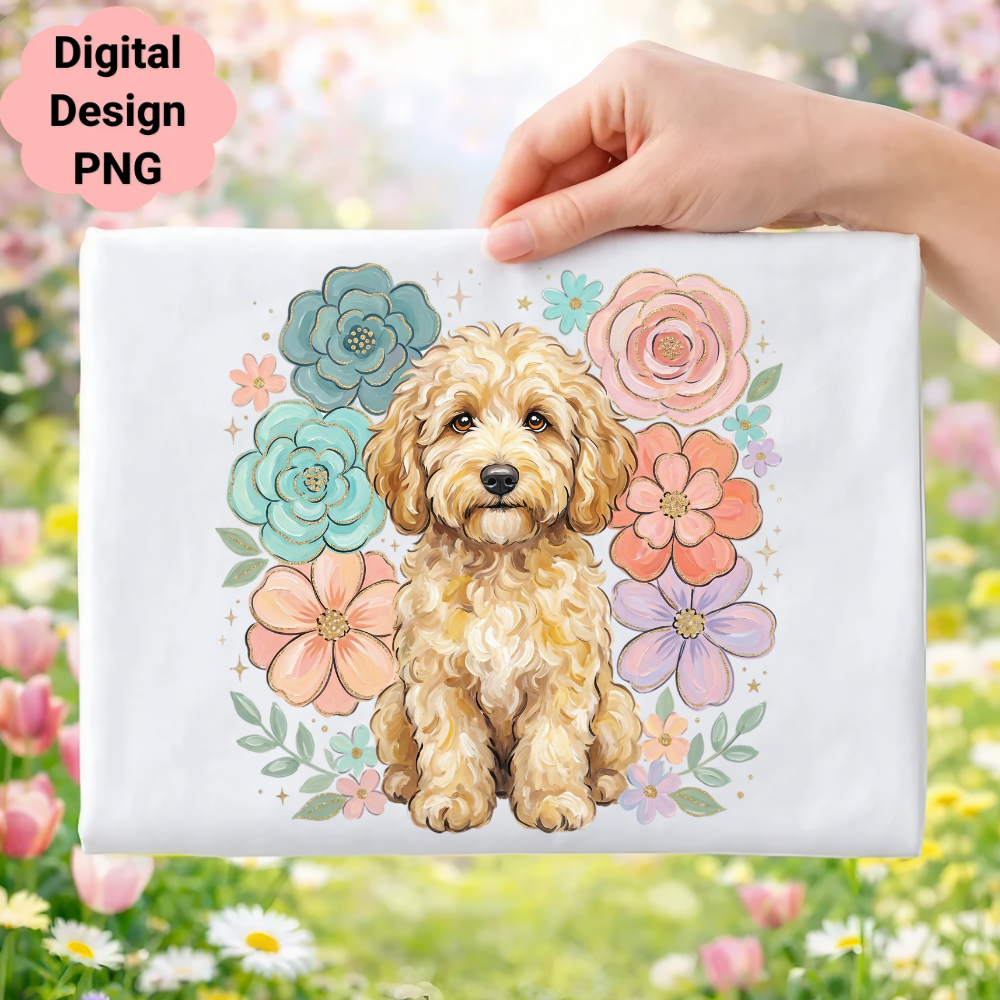 Fluffy golden doodle dog surrounded by colorful flowers on white background.