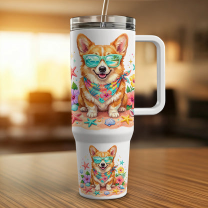 Corgi with sunglasses and bandana on beach with flowers and seashells.