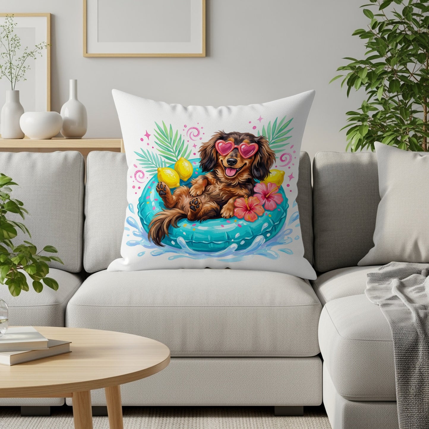 Dachshund in heart sunglasses floating on a blue ring with lemons and palm leaves.