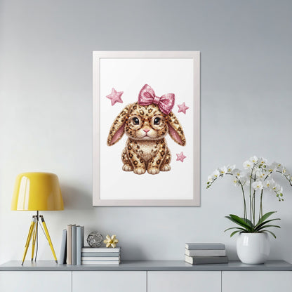 Cute leopard-print bunny with pink bow and glasses in a framed picture.