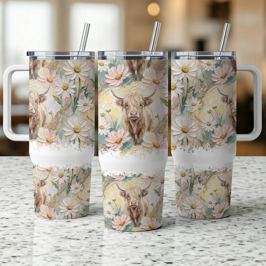 Highland cow and floral pattern on a three-panel tumbler with handles and straws.