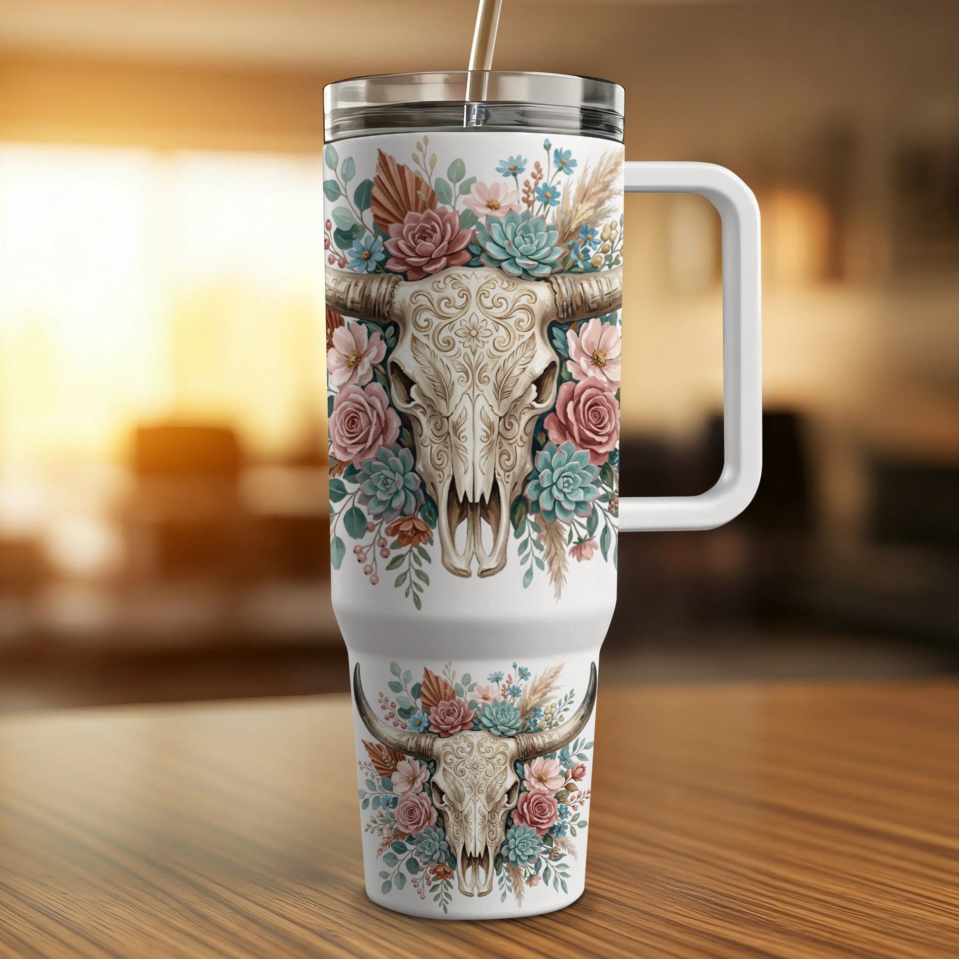 White tumbler with bull skull and floral design.