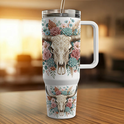 White tumbler with bull skull and floral design.