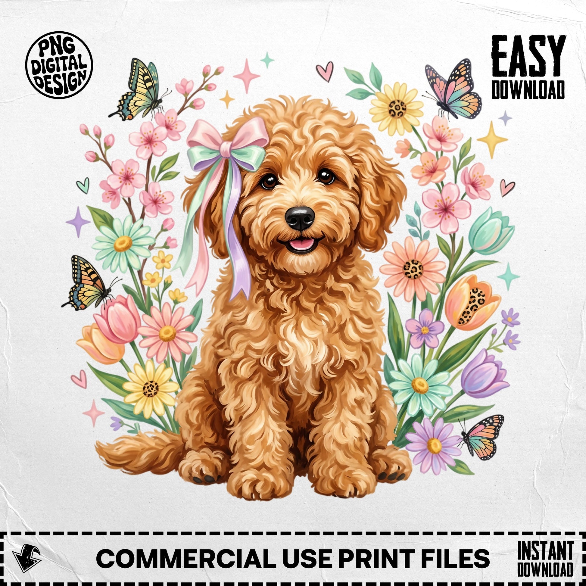 Fluffy golden doodle dog with bow in flowers and butterflies.