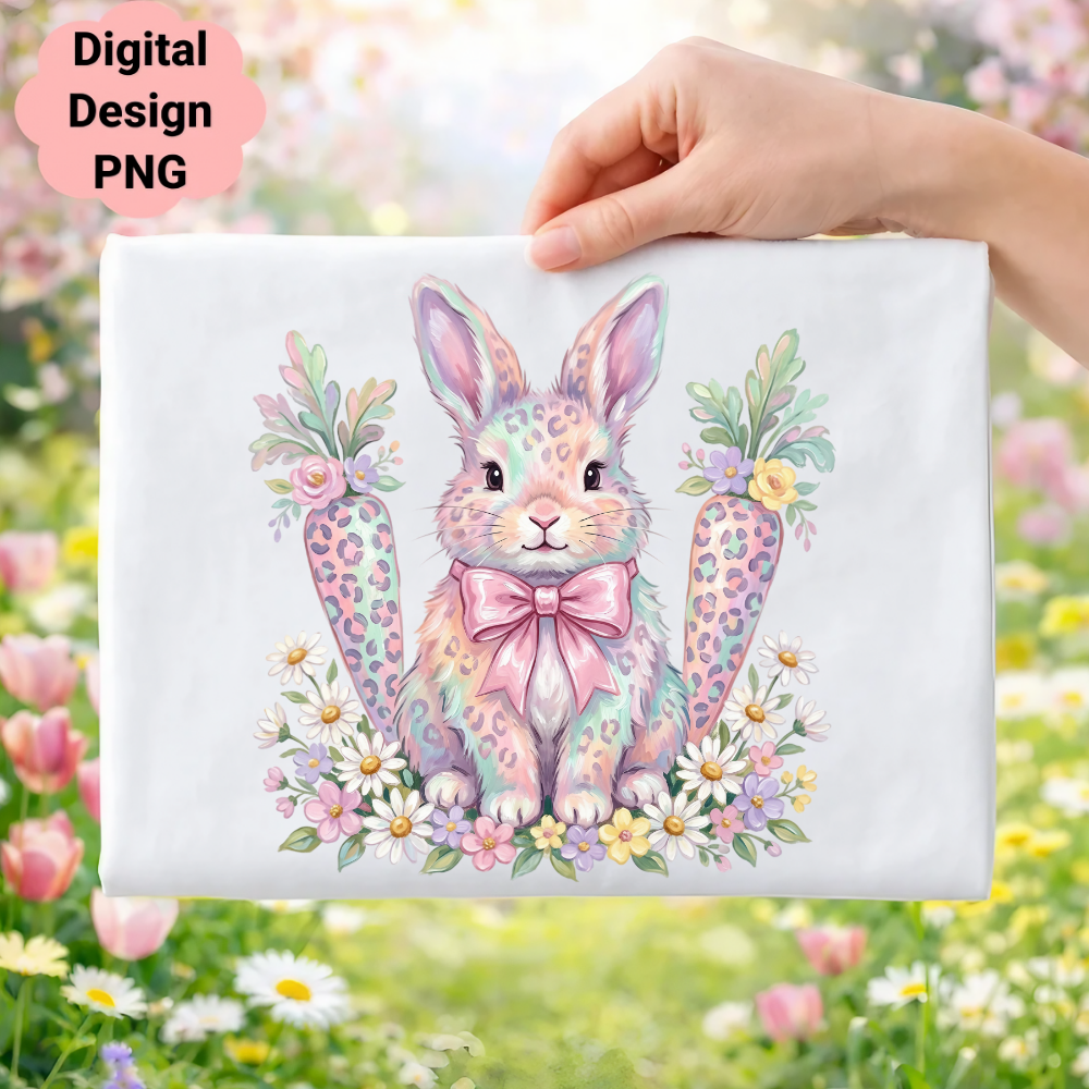 Easter bunny with carrots and flowers, pastel leopard print.