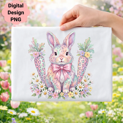 Easter bunny with carrots and flowers, pastel leopard print.