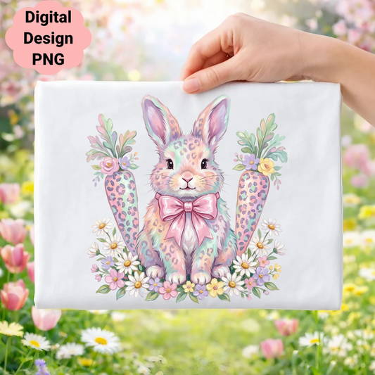 Easter bunny with carrots and flowers, pastel leopard print.