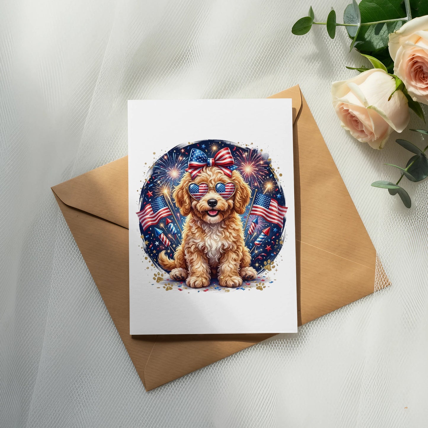 Puppy wearing sunglasses and a bow tie with American flag fireworks.