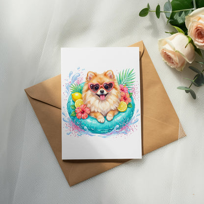 Pomeranian dog in sunglasses floats in a tropical-themed inflatable ring.