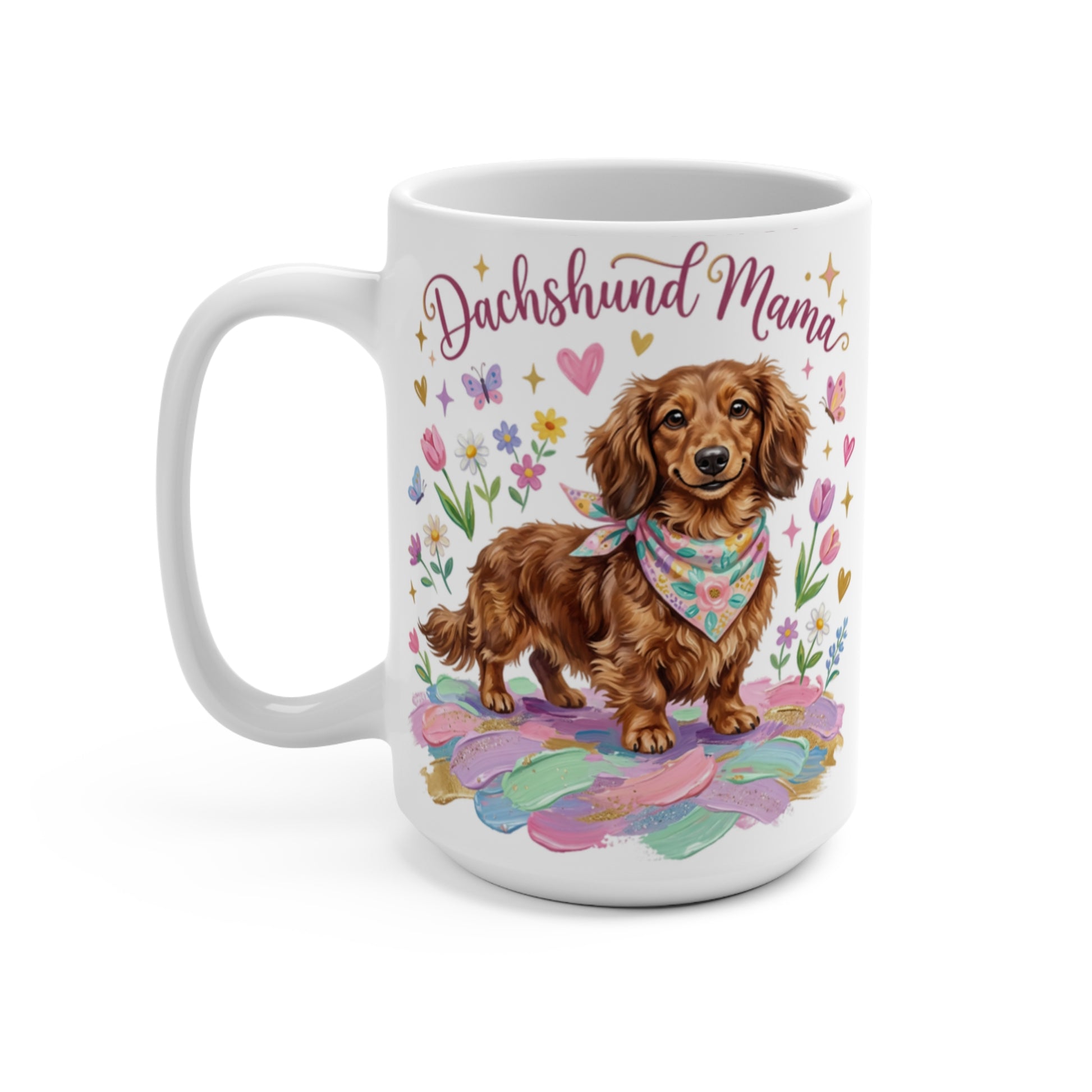 Mug with dachshund wearing bandana and "Dachshund Mama" text.