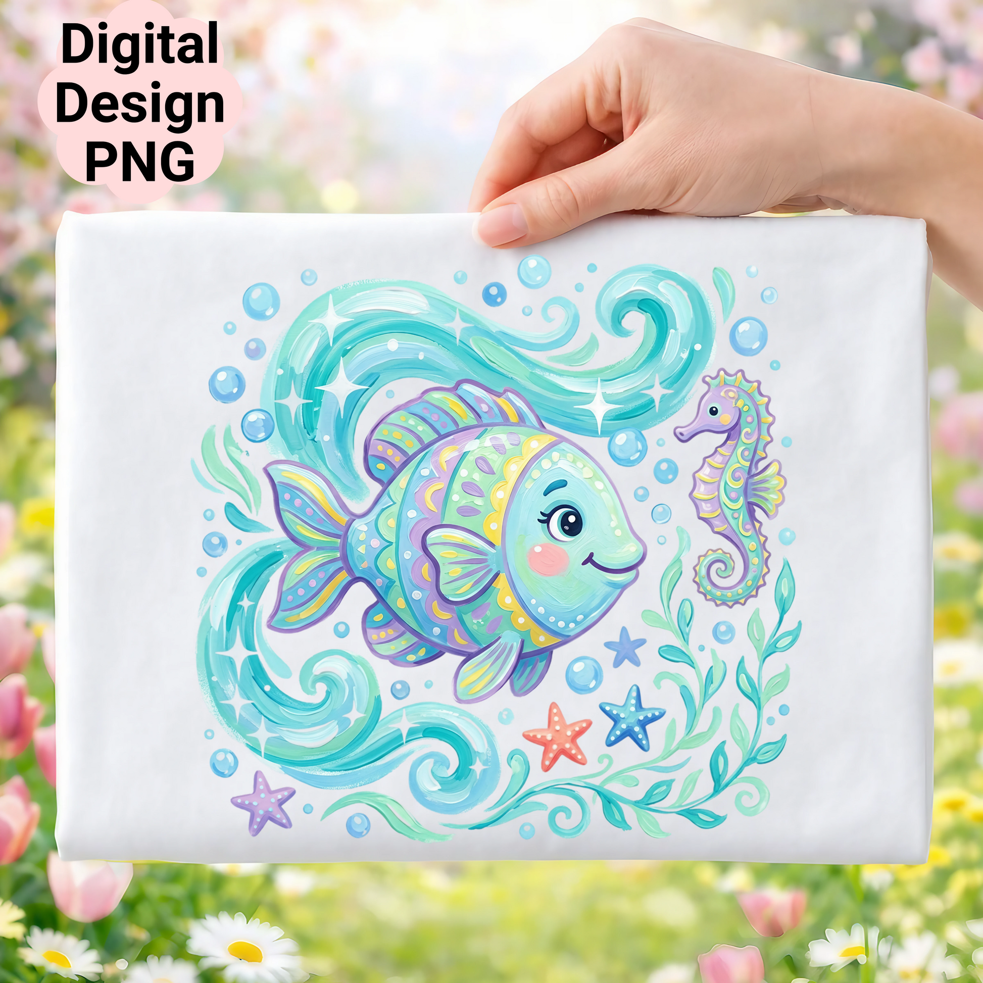 Colorful cartoon fish and seahorse with bubbles and stars.