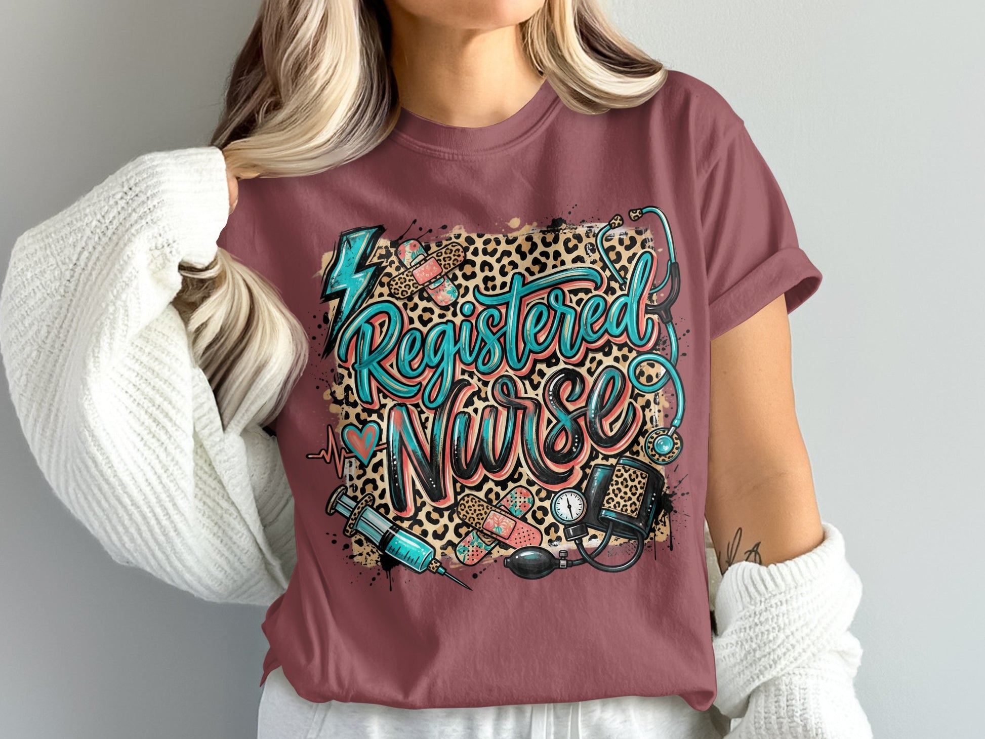 Registered Nurse text with medical icons and leopard print.