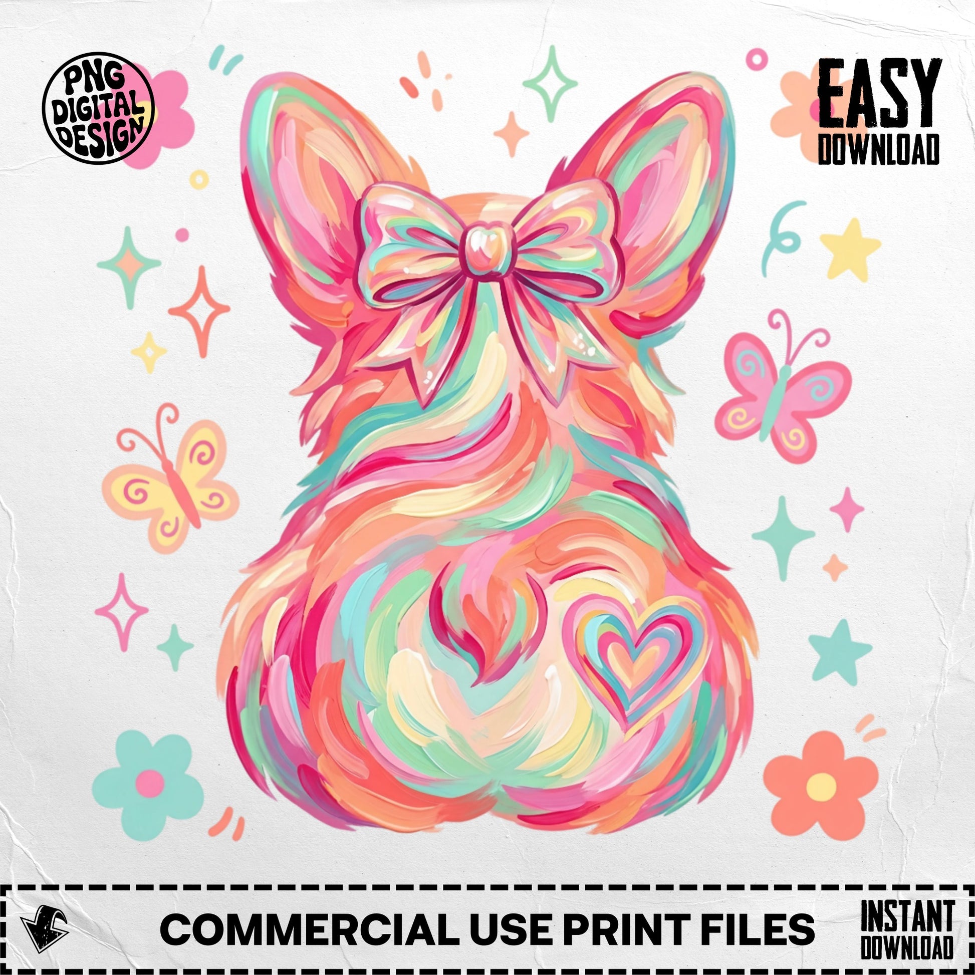 Colorful corgi butt with bow, butterflies, and flowers.