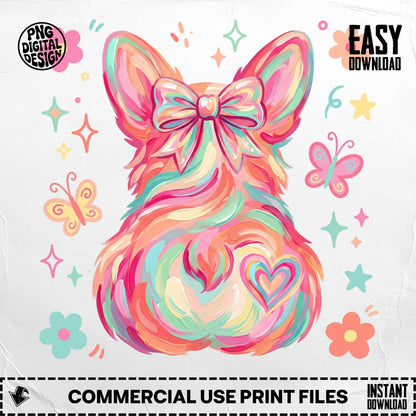 Colorful corgi butt with bow, butterflies, and flowers.