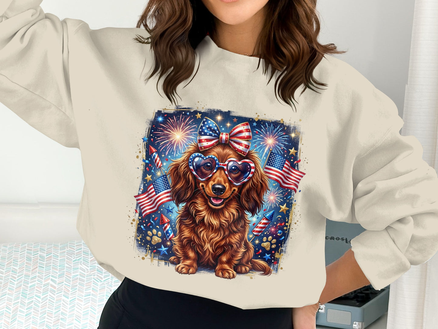 Dachshund wearing heart sunglasses, decorated with fireworks and American flags.