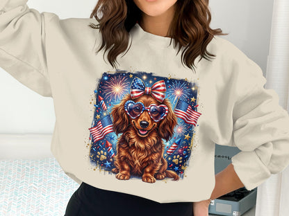 Dachshund wearing heart sunglasses, decorated with fireworks and American flags.