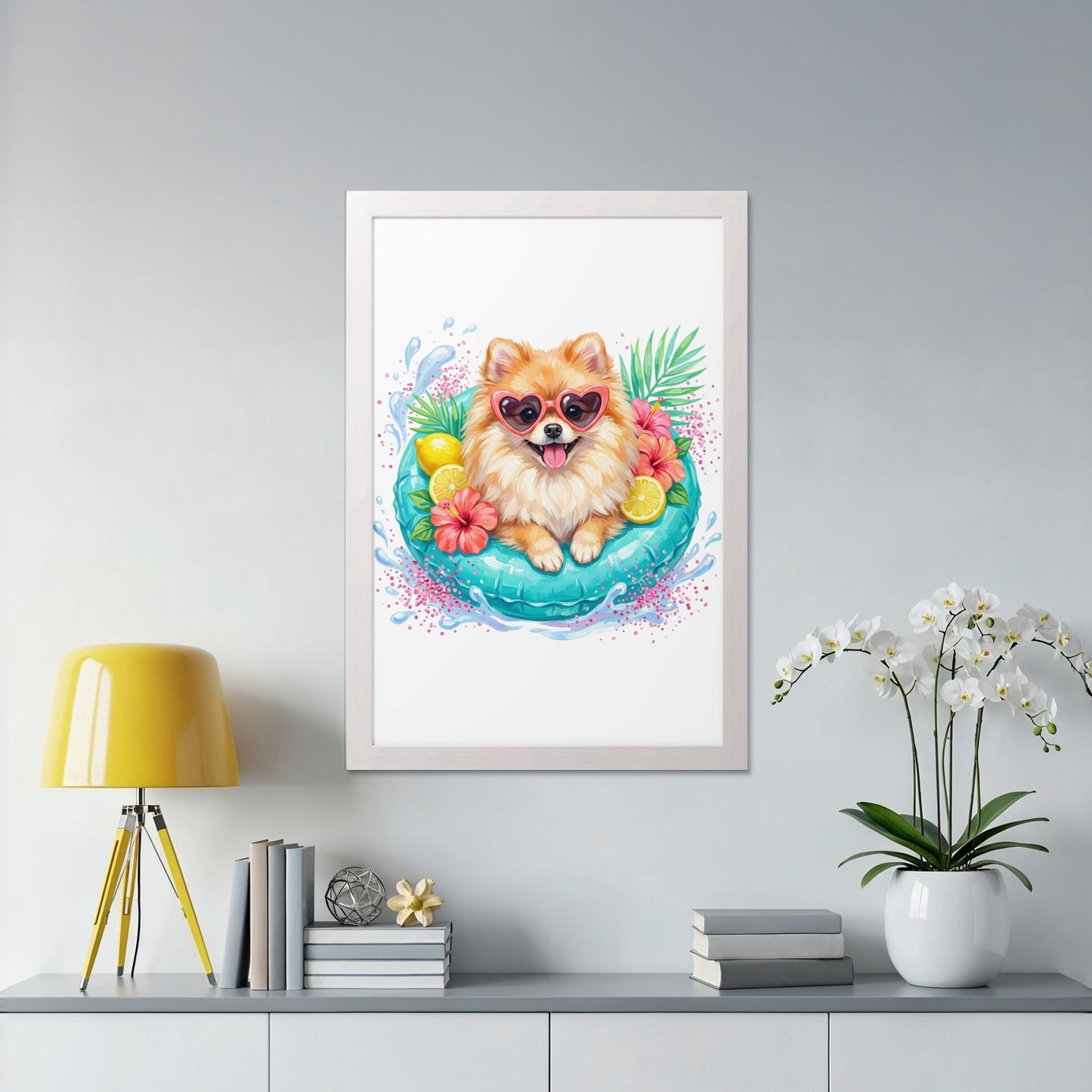 Pomeranian dog in heart sunglasses in inflatable ring with flowers and lemons.