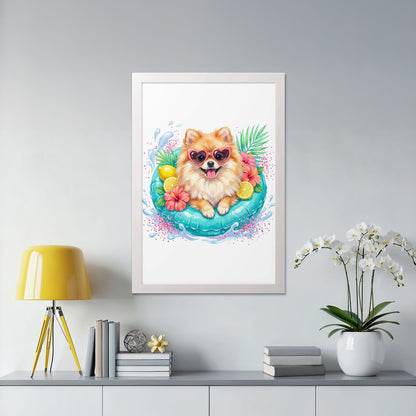 Pomeranian dog in heart sunglasses in inflatable ring with flowers and lemons.