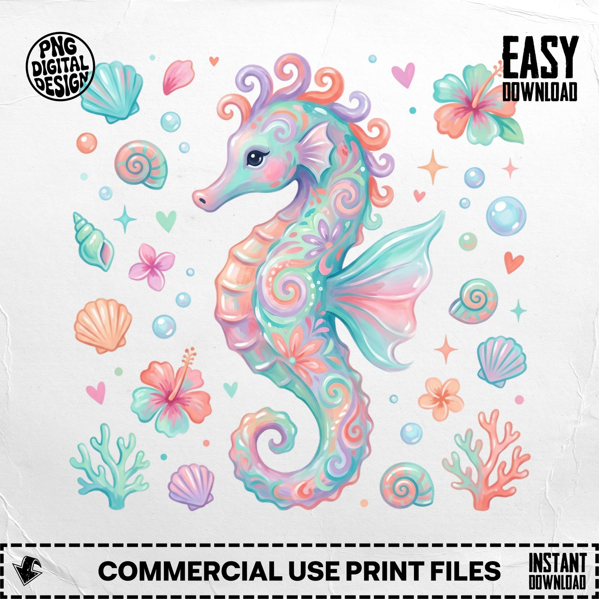 Whimsical seahorse with seashells and coral, "EASY DOWNLOAD" text.