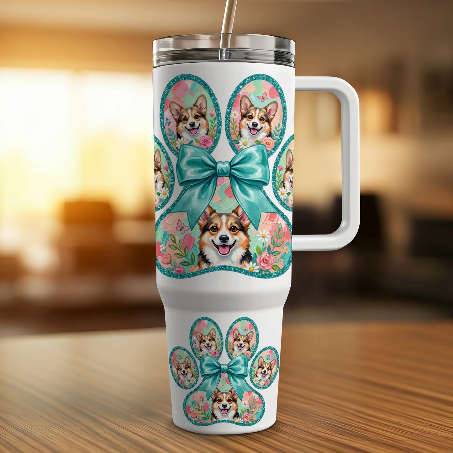 White tumbler with Corgi paw prints and bows, accented with flowers and glitter.