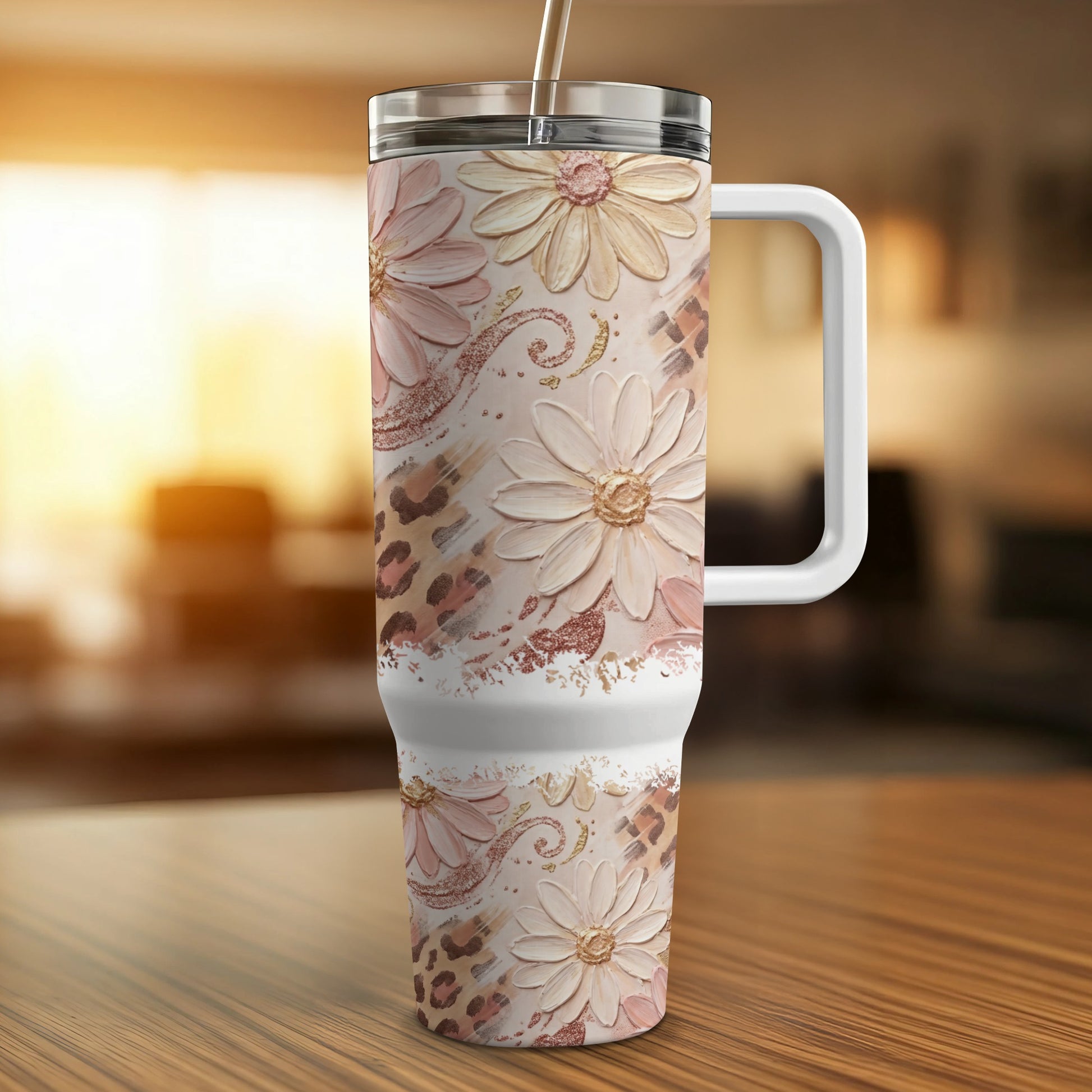 Pink floral patterned insulated tumbler with a handle.