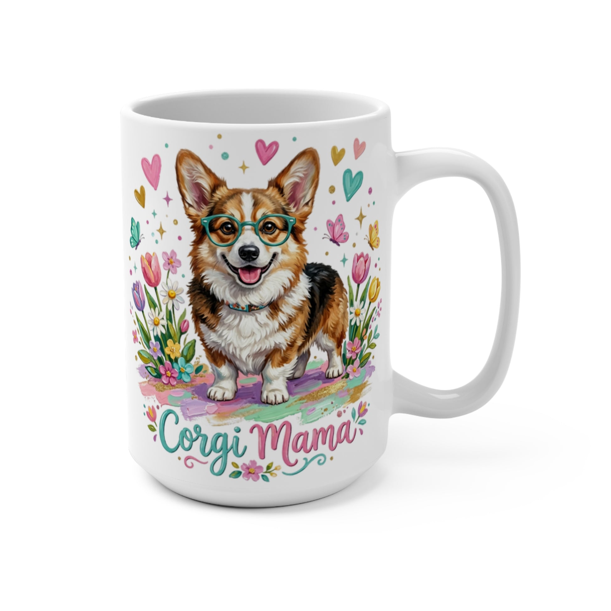 White mug with a smiling Corgi wearing glasses, surrounded by flowers and butterflies.