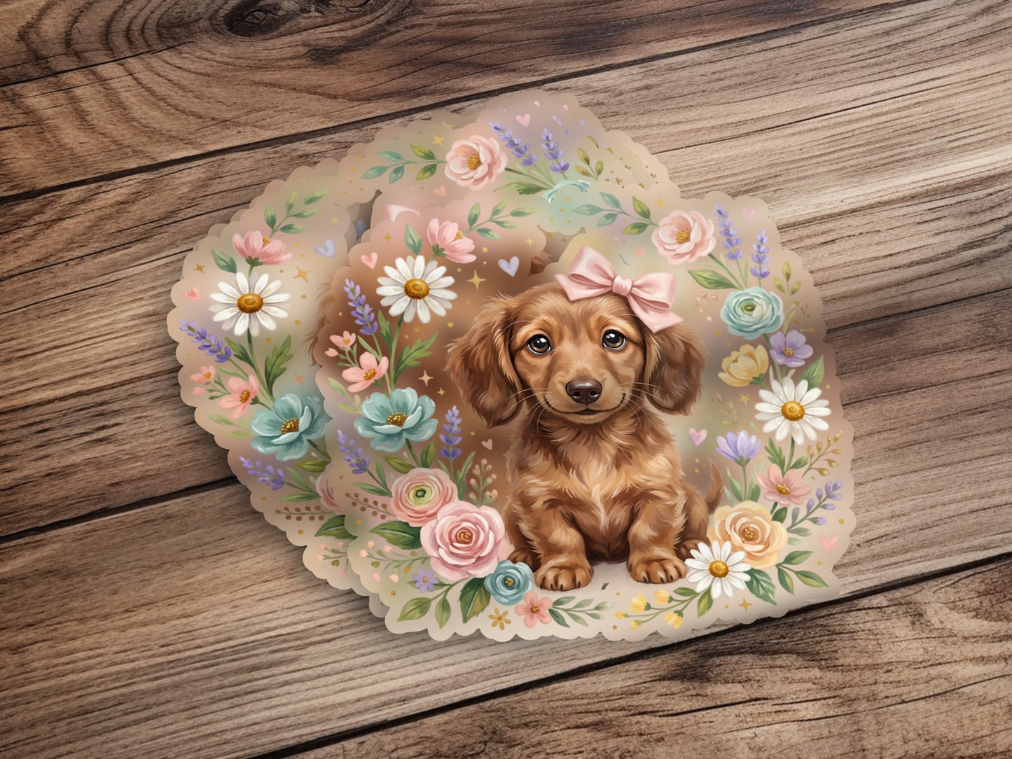 Dachshund puppy in floral wreath with pink bow, on wooden background.