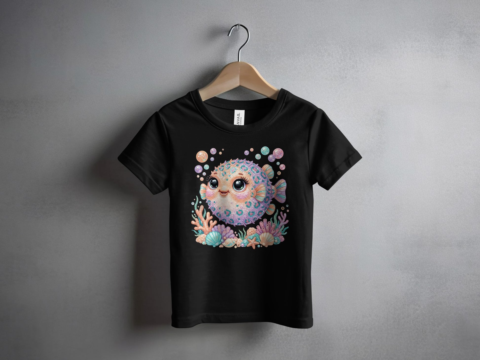Black t-shirt with colorful pufferfish and coral reef design.