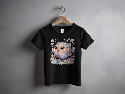 Black t-shirt with colorful pufferfish and coral reef design.