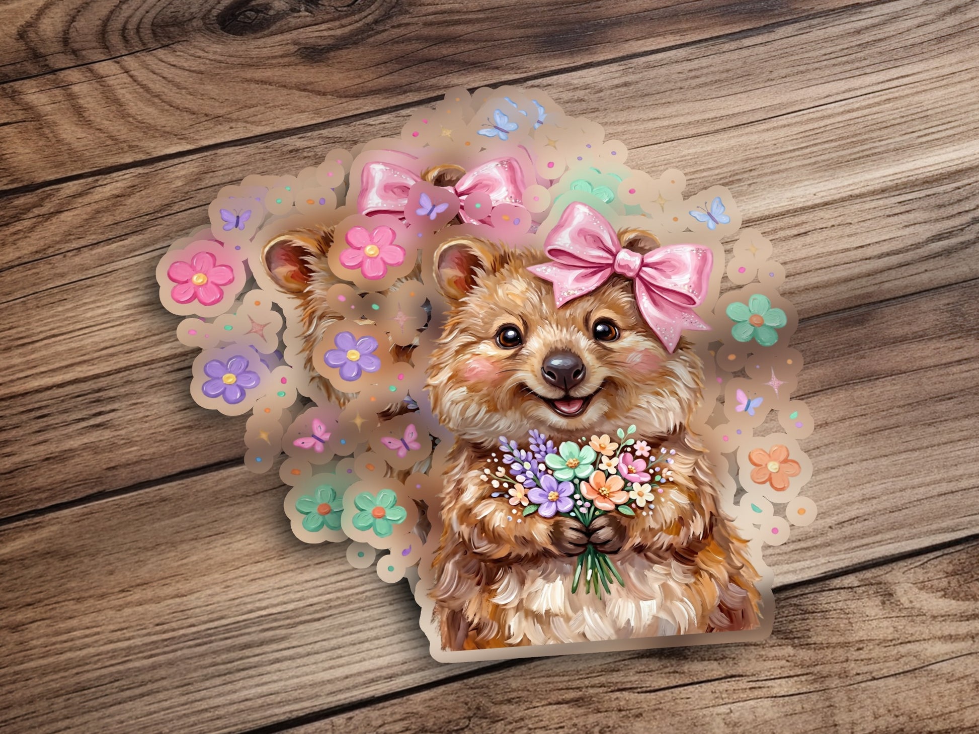 Cute quokka wearing a pink bow holding a bouquet of flowers.