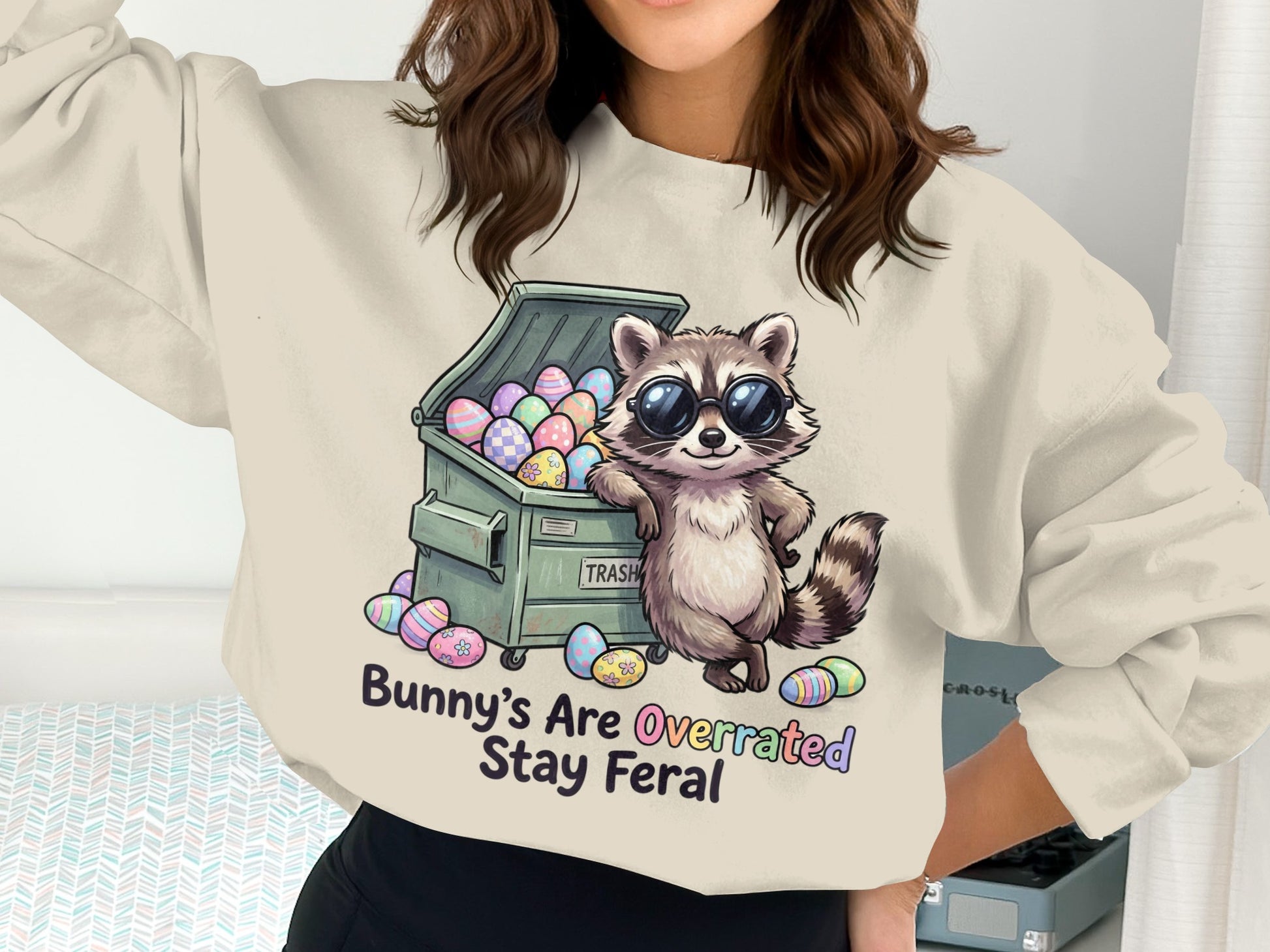 Raccoon in sunglasses next to a trash can overflowing with Easter eggs.